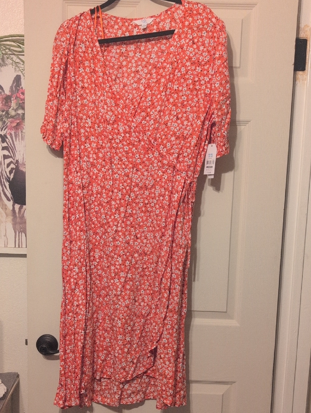 Time and Tru Coral Floral Wrap Midi Dress